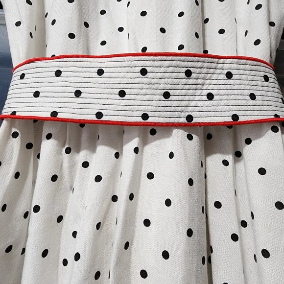 Vintage White Pin Up Polka Dot Belted Dress With Buttons Red Trim - Picture 4 of 10